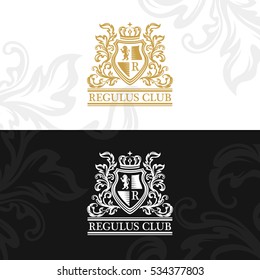 Heraldic logo template. Vintage emblem with lion, monogram, crown symbols and flourish decorations. Two color variants on the ornamental backgrounds