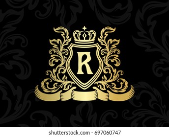 Heraldic logo template. Vintage ornamental emblem with monogram, crown symbols and flourish decorations.