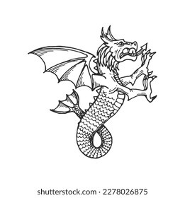 Heraldic Medieval creature sketch, fantasy dragon or mythic animal, vector heraldry symbol. Heraldic rampant dragon with eagle head and mermaid fish tail on wings with claws, Medieval fantasy creature