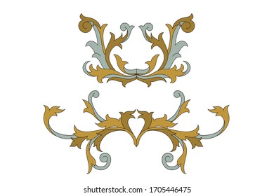 Heraldic medieval floral elements or royal family shield. Silver and golden vintage motif with filigree leaf heraldry. 