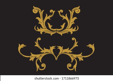 Heraldic medieval floral elements or royal family shield. Golden vintage motif with filigree leaf heraldry. 