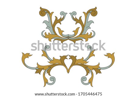 Heraldic medieval floral elements or royal family shield. Silver and golden vintage motif with filigree leaf heraldry. 