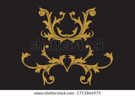 Heraldic medieval floral elements or royal family shield. Golden vintage motif with filigree leaf heraldry. 