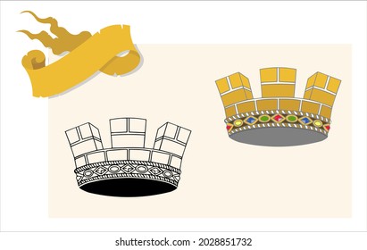 Heraldic medieval graphic elements: crowns and tape. Vector design