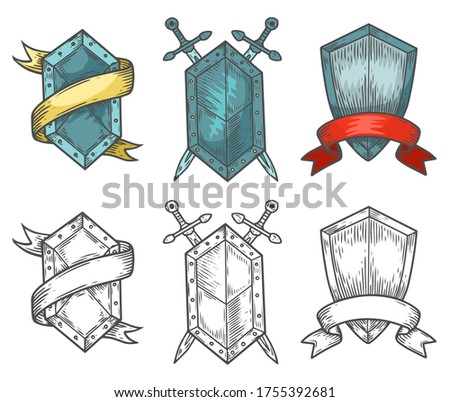 Heraldic medieval hand drawn shields or defence icon sketch. Defense or defensive element with ribbon and swords. Set of isolated vintage insignia or sign. Guarantee and heraldry, force and safety