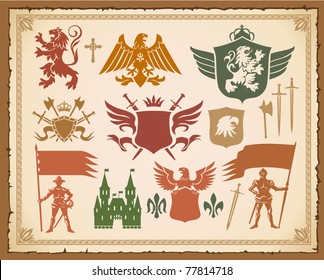 Heraldic medieval set with lions, knights and eagles