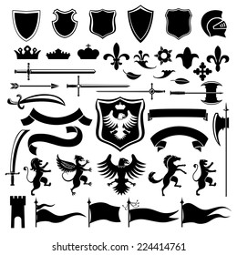 Heraldic medieval vintage set black decorative icons set with crown shield arabesque isolated vector illustration