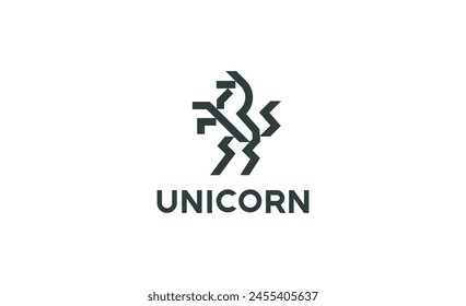 Monocromo heráldico negro sobre blanco logotipo de unicornio de pie en sus patas traseras. Personaje de icono dinámico que simboliza la fuerza y el poder en línea estilo geométrico adecuado para camisetas, logotipos Su marca.