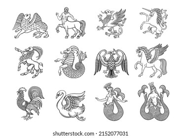 Heraldic mythical animals and creatures. Traditional character styles for coats of arms and shields. Clip art, set of elements for design Vector illustration.