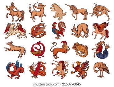 Heraldic mythical animals and creatures. Traditional character styles for coats of arms and shields. Clip art, set of elements for design Vector illustration.