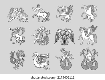 Animales míticos y criaturas heráldicos. Estilos de carácter tradicionales para escudos de armas y escudos. Imágenes prediseñadas, conjunto de elementos para la ilustración vectorial de diseño.