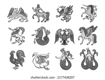 Heraldic mythical animals and creatures. Traditional character styles for coats of arms and shields. Clip art, set of elements for design Vector illustration.