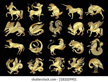 Heraldic mythical animals and creatures. Traditional character styles for coats of arms and shields. Clip art, set of elements for design Vector illustration.