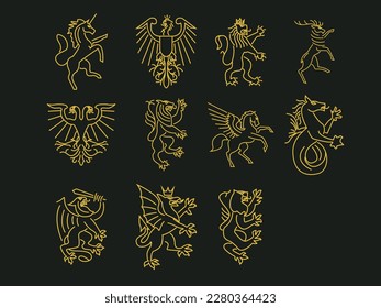 Heraldic mythical animals and creatures. Traditional character styles for coats of arms and shields. Clip art, set of elements for design Vector illustration