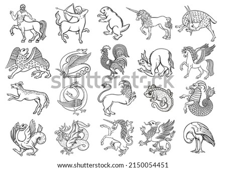 Heraldic mythical animals and creatures. Traditional character styles for coats of arms and shields. Clip art, set of elements for design Vector illustration.