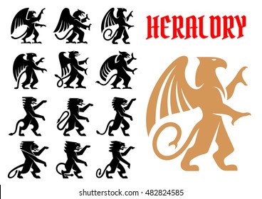 Heraldic mythical animals icons set. Vector heraldry emblem silhouettes of Griffin, Dragon, Lion, Pegasus, Horse for tattoo, shield