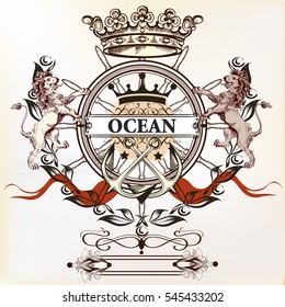 Heraldic nautical logotype or label with anchor, lions and crown. Ideal for T-shirt designs or badges