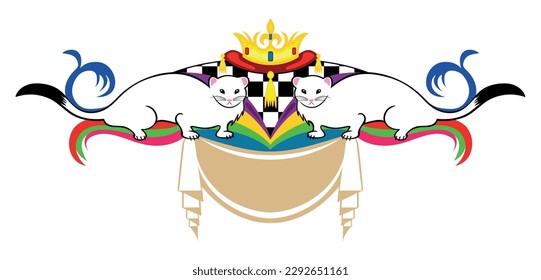 Heraldic ornament with two white ermines. A colorful motif with a crown, checkerboard and ermine holding a sash. Colored vector drawing, illustration. Arabesque, coat of arms design.