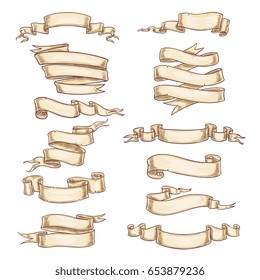 Heraldic paper ribbons or roll bands. Vintage curled paper scrolls or manuscript banners and heraldry flags and papyrus stripes. Vector blank copy space and empty templates set