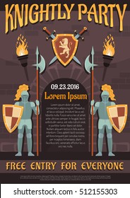 Heraldic party invitation poster with two knights near castle entrance flat vector illustration