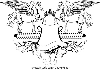 heraldic pegasus coat of arms crest shield tattoo in vector format very easy to edit