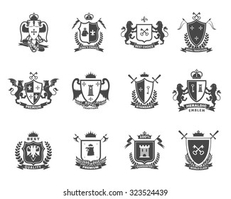 Heraldic premium quality black white emblems  set with royal traditions symbols flat isolated vector illustration 