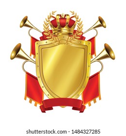 Heraldisches realistisches Designkonzept mit goldener Schildkronen und King-Fanfaren mit roten Fahnen, Vektorgrafik