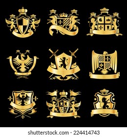 Heraldic royal art symbols decorative emblems golden set with griffin swords and ribbons isolated vector illustration