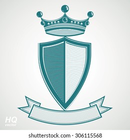 Heraldic royal blazon illustration, imperial striped decorative coat of arms. Vector shield with king crown and stylized ribbon. Majestic element, best for use in graphic and web design.