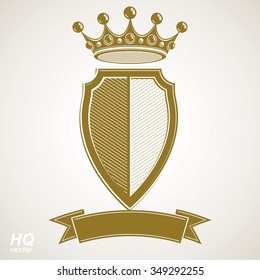 Heraldic royal blazon illustration, imperial striped decorative coat of arms. Vector shield with king crown and stylized ribbon. Majestic element, best for use in graphic and web design.