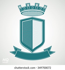 Heraldic royal blazon illustration, imperial striped decorative coat of arms. Vector shield with king crown and stylized ribbon. Majestic element, best for use in graphic and web design.