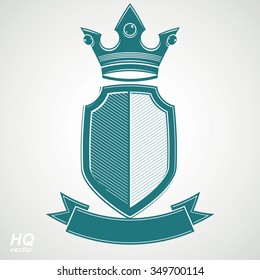 Heraldic royal blazon illustration, imperial striped decorative coat of arms. Vector shield with king crown and stylized ribbon. Majestic element, best for use in graphic and web design.