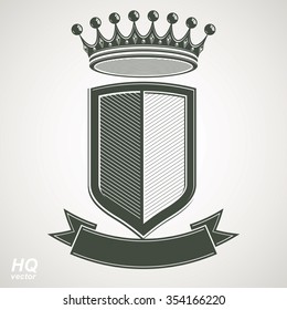 Heraldic royal blazon illustration, imperial striped decorative coat of arms. Vector shield with king crown and stylized ribbon. Majestic element, best for use in graphic and web design.