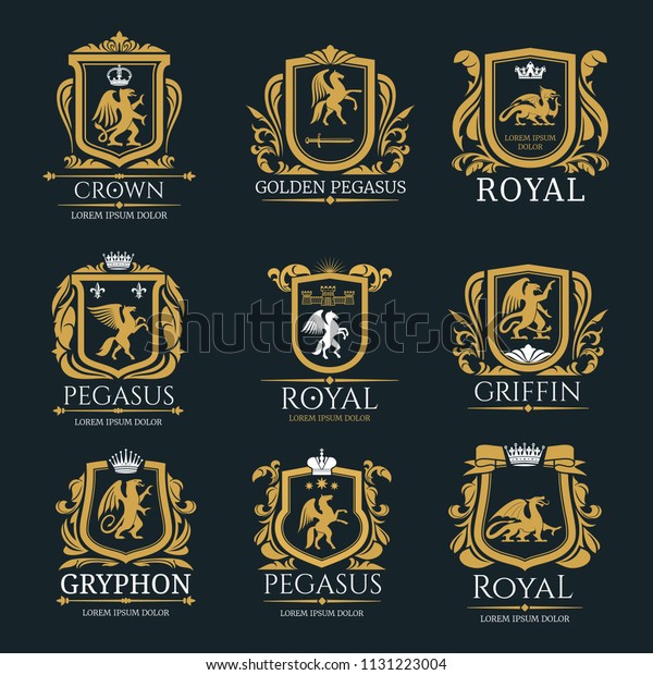 Heraldic royal coat of arms and heraldry signs\
set of Pegasus horse, Griffin bird or animal with golden crowns and\
stars. Vector isolated heraldic badges of mystic creatures in\
ornate shields