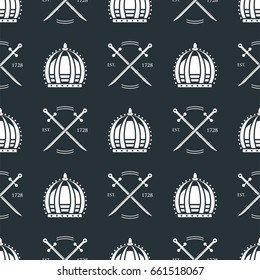 Heraldic royal crest medieval knight elements vintage king symbol heraldry seamless pattern vector illustration