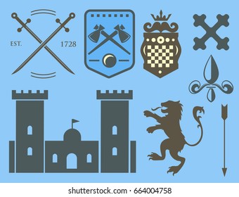 Heraldic royal crest medieval knight elements vintage king symbol heraldry castle badge vector illustration
