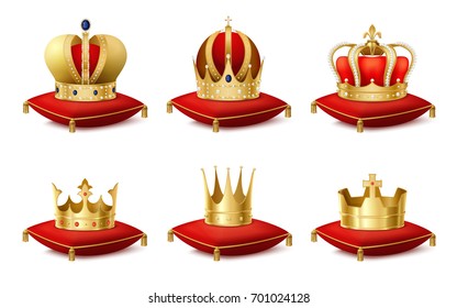 Heraldic royal crowns on cushions realistic set isolated vector illustration