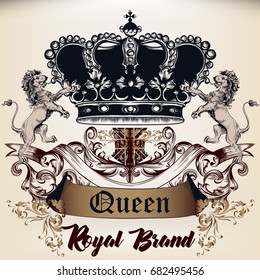 Heraldic Royal design of logotype in antique style with crown, lions and ornament. Queen style