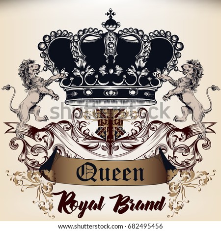 Heraldic Royal design of logotype in antique style with crown, lions and ornament. Queen style