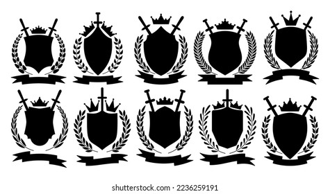 Heraldic royal emblem set with kings crown, shield, sword, laurel wreath, ribbon. Different shape black glyph symbol. Kingdom victory leaderships trophy cups. Best choice symbol. Championship signs