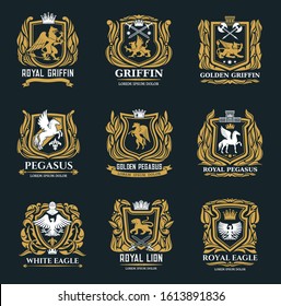 Heraldic royal vector icons of golden griffin, eagle, pegasus and lion symbols. Medieval gold heraldry signs and coat of arms with imperial castle, swords and crown in ornate wreath