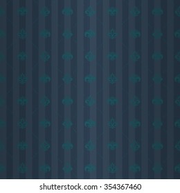 Heraldic seamless pattern with elegant blue styled flower ornament elements on deep night blue striped background with polka dot border fill out. Attractive pattern design for all kinds of surfaces