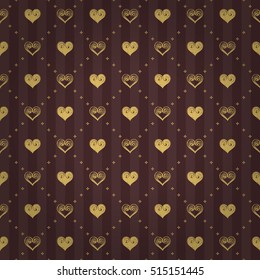 Heraldic seamless pattern with golden beige tight heart and lovely heart ornament signs on retro brown striped background with cross mesh fill out. Attractive pattern design for all kinds of surfaces.