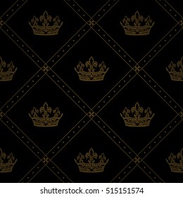 Heraldic seamless pattern with golden corona ornament signs in style of fashion on deep black vignette background with dotted border fill out. Attractive pattern design for all kinds of surfaces.