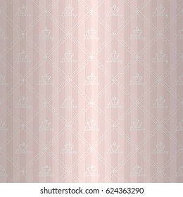 Heraldic seamless pattern with princess white luxury inscription ornament signs in style of fashion on soft pink shine striped background with dotted border fill out. Wallpaper, curtain design.