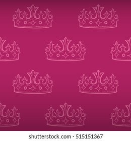 Heraldic seamless pattern with tender pink tiara ornament signs in style of fashion on glamour pink shaded background. High quality decor design.