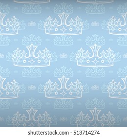 Heraldic seamless pattern with white tiara ornament signs in style of fashion on rococo blue shaded background. Decorative seamless carpet, cover, wrapping design.