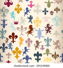 Heraldic seamless wallpaper pattern with lions, horses, griffins and fleur de lis