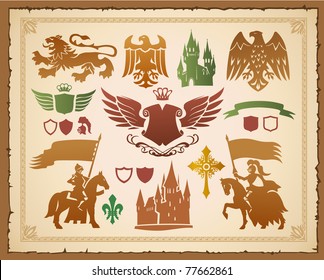 Heraldic set with lions, knights and eagles