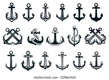 Heraldic set of ships anchor icons in black and white with assorted shapes, some with ropes and some pairs crossed for marine themes, vector illustration
